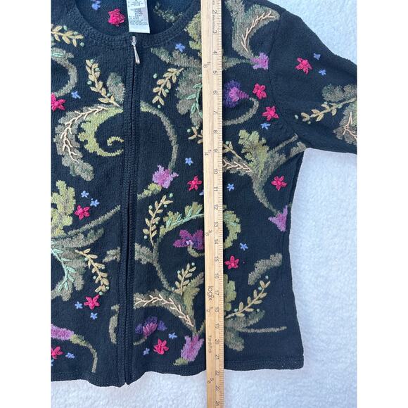 Talbots Sweater Size Small Black Floral Embroidery Grandma Artsy Full Zip - Picture 12 of 14